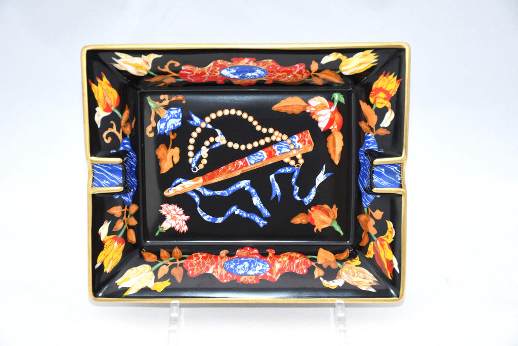 Hermes Change tray Black Japanese folding fan porcelain Ashtray vintage 831