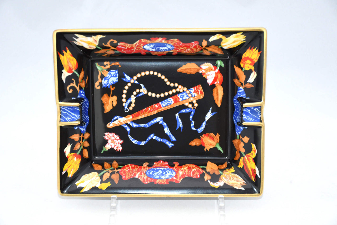 Hermes Change tray Black Japanese folding fan porcelain Ashtray vintage 831