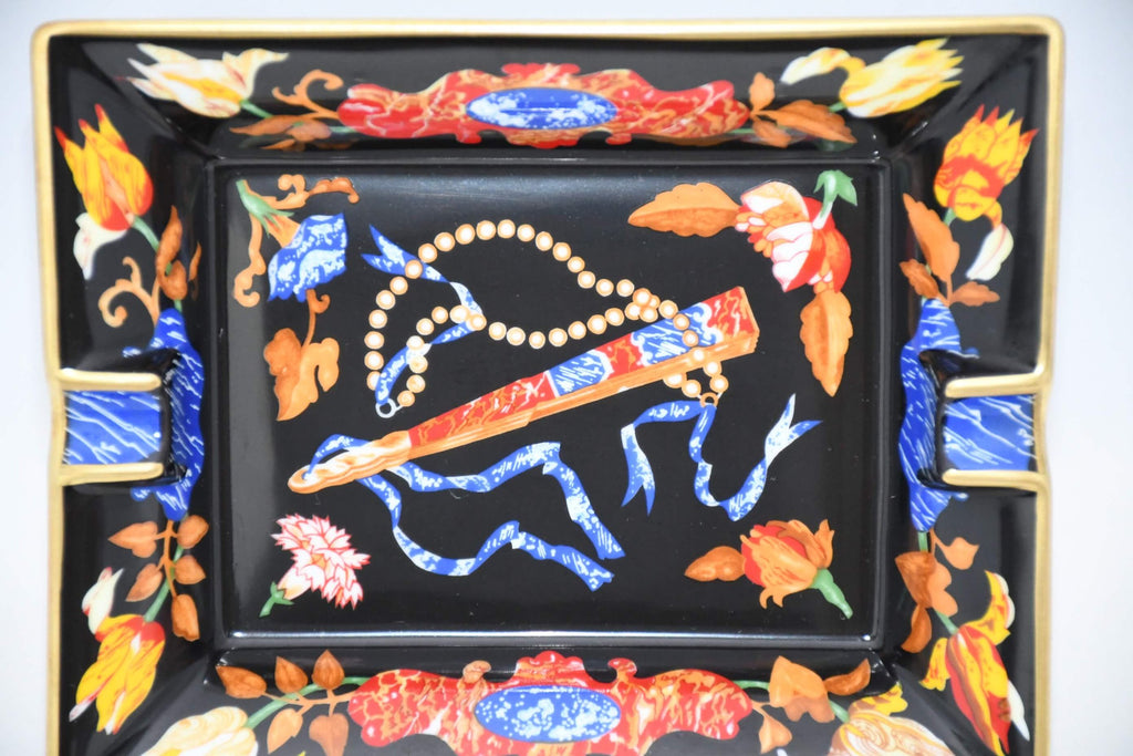 Hermes Change tray Black Japanese folding fan porcelain Ashtray vintage 831