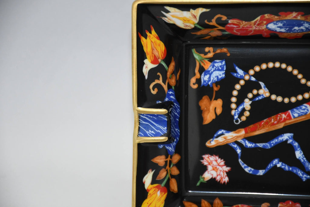 Hermes Change tray Black Japanese folding fan porcelain Ashtray vintage 831