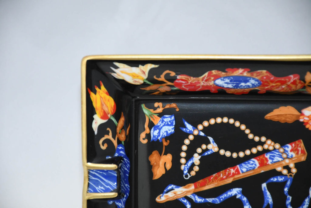 Hermes Change tray Black Japanese folding fan porcelain Ashtray vintage 831