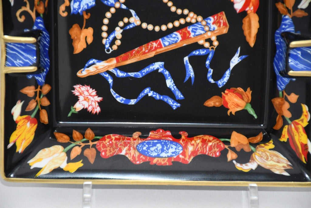 Hermes Change tray Black Japanese folding fan porcelain Ashtray vintage 831