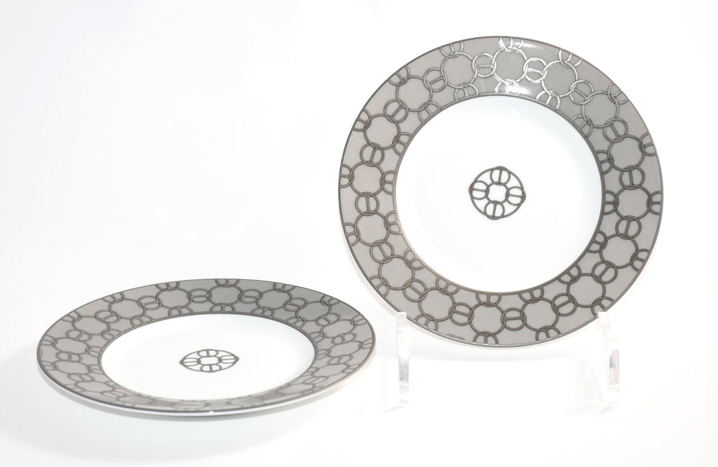 Hermes Fil d'Argent Bread Plate 16 cm silver chain porcelain cake dessert Set of 2