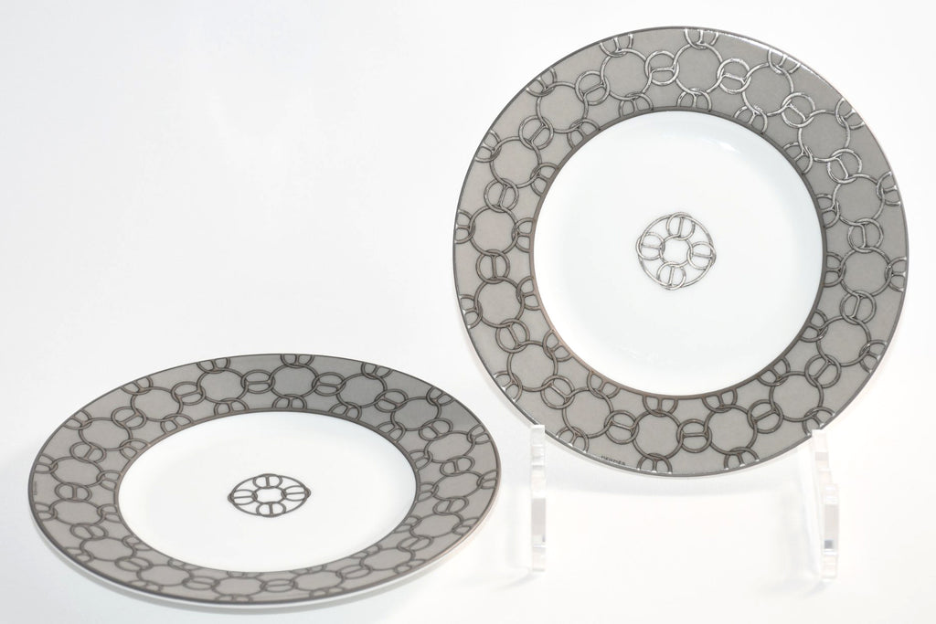 Hermes Fil d'Argent Bread Plate 16 cm silver chain porcelain cake dessert Set of 2