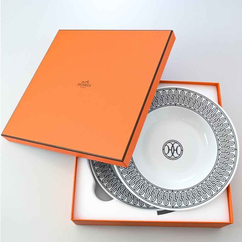 Hermes H deco Soup Plate Set of 2 porcelain black white ash pasta 22 cm