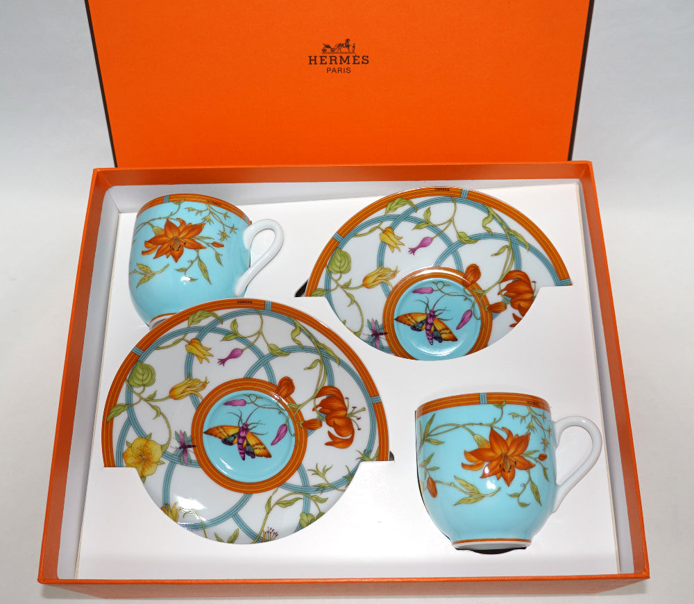 Hermes La Siesta Island Demitasse Cup and Saucer 2 set blue espresso coffee