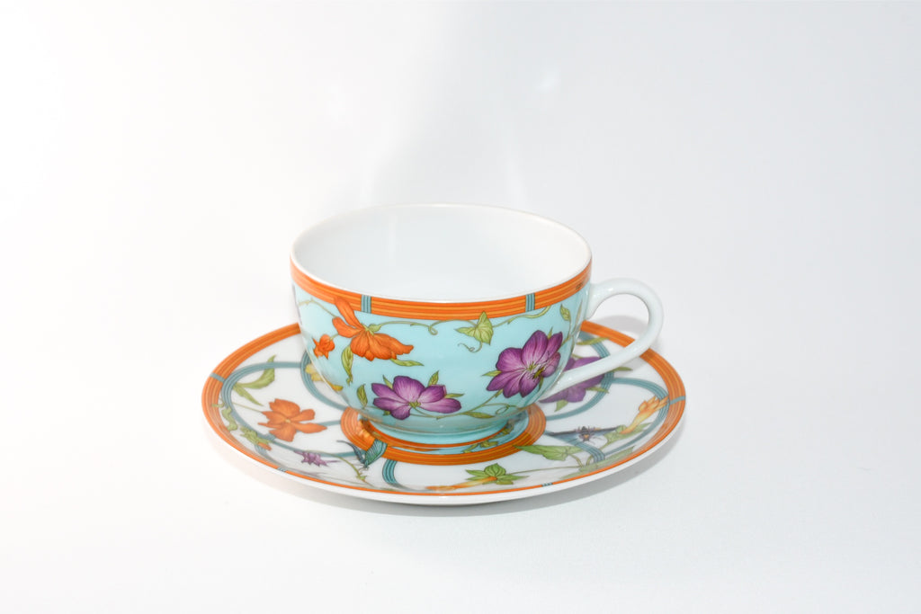 Hermes La Siesta Island Tea Cup and Saucer Set of 2 blue flower coffee