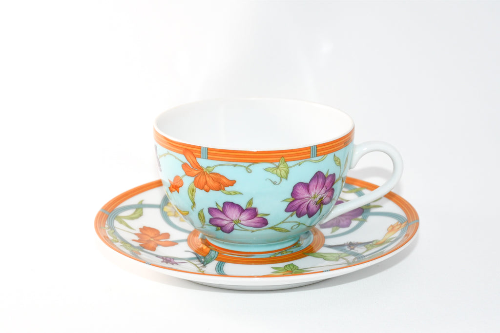 Hermes La Siesta Island Tea Cup and Saucer Set of 2 blue flower coffee
