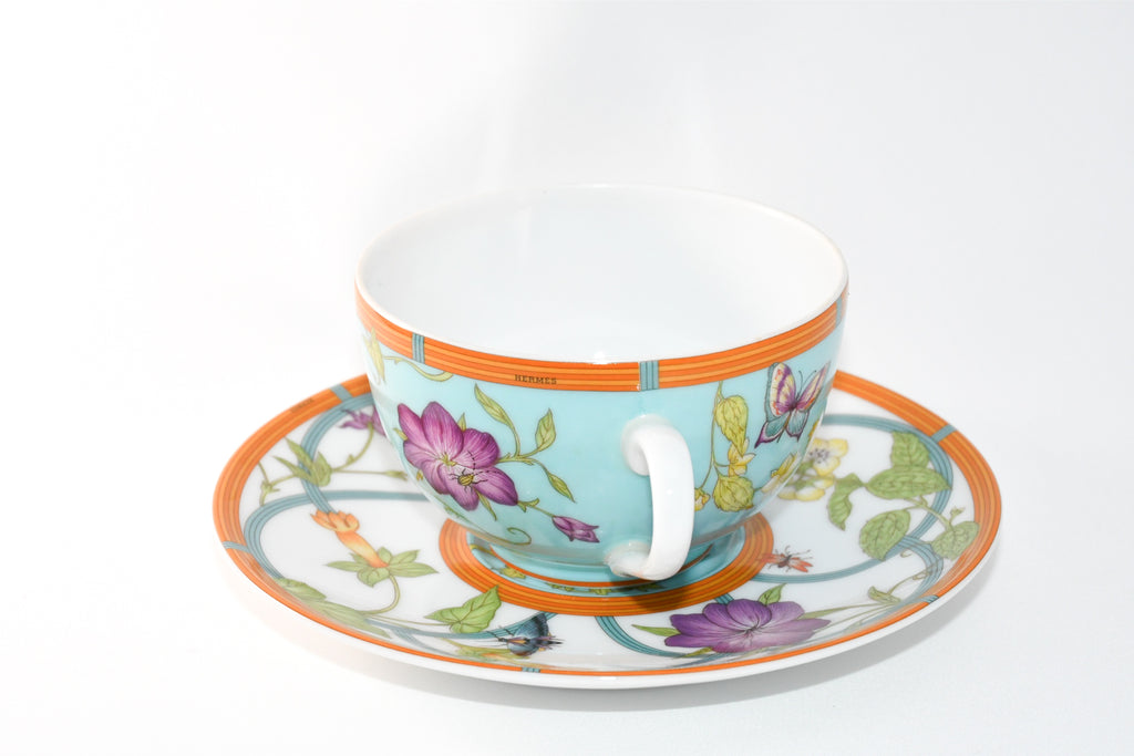 Hermes La Siesta Island Tea Cup and Saucer Set of 2 blue flower coffee