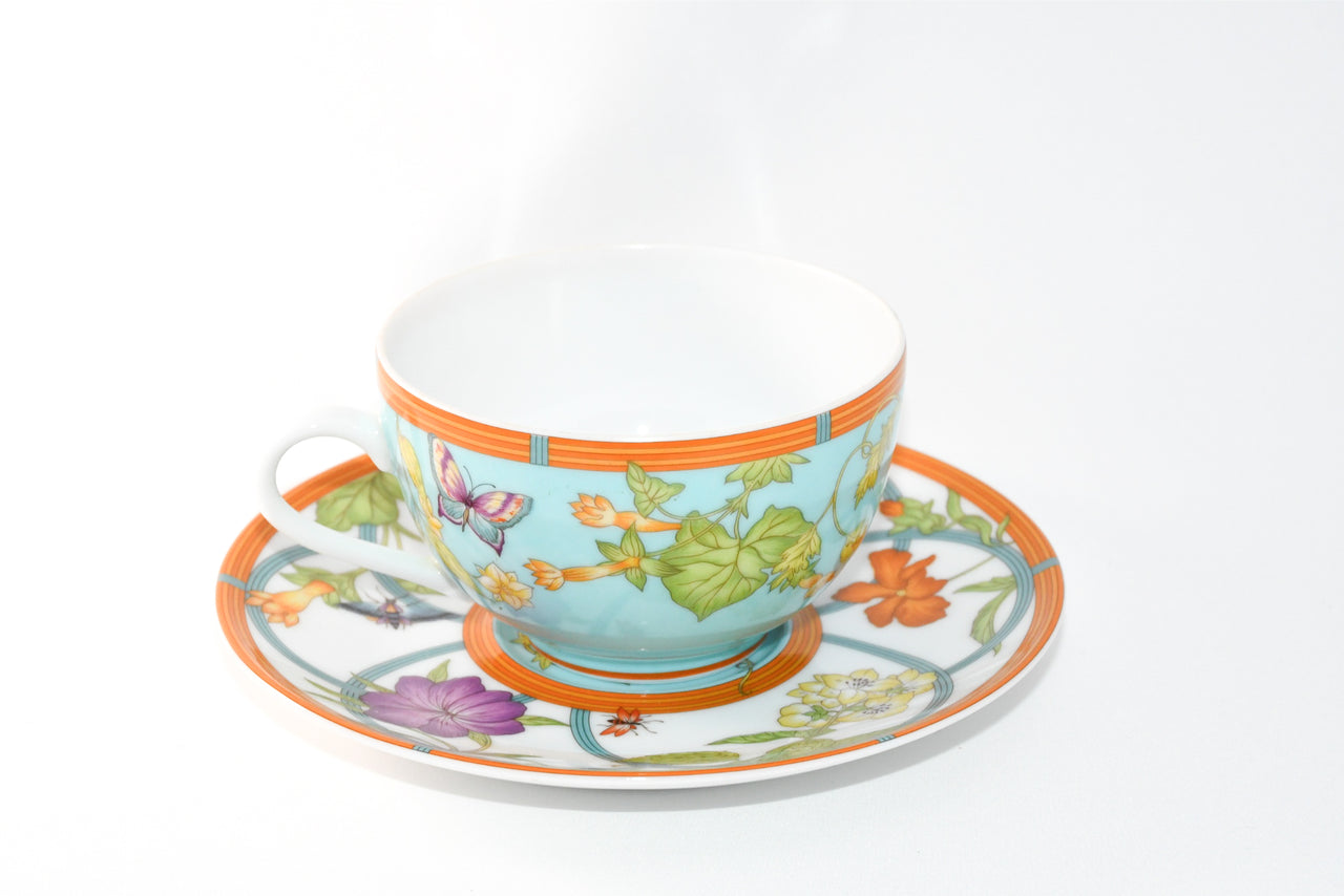Hermes La Siesta Island Tea Cup and Saucer Set of 2 blue flower coffee