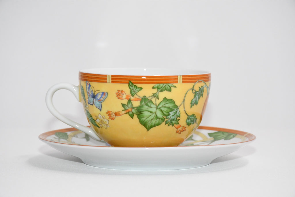 Hermes La Siesta Tea Cup and Saucer Set of 2 yellow porcelain flower coffee