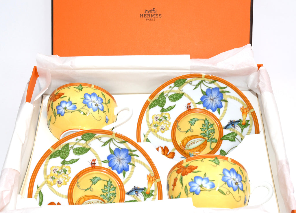 Hermes La Siesta Tea Cup and Saucer Set of 2 yellow porcelain flower coffee