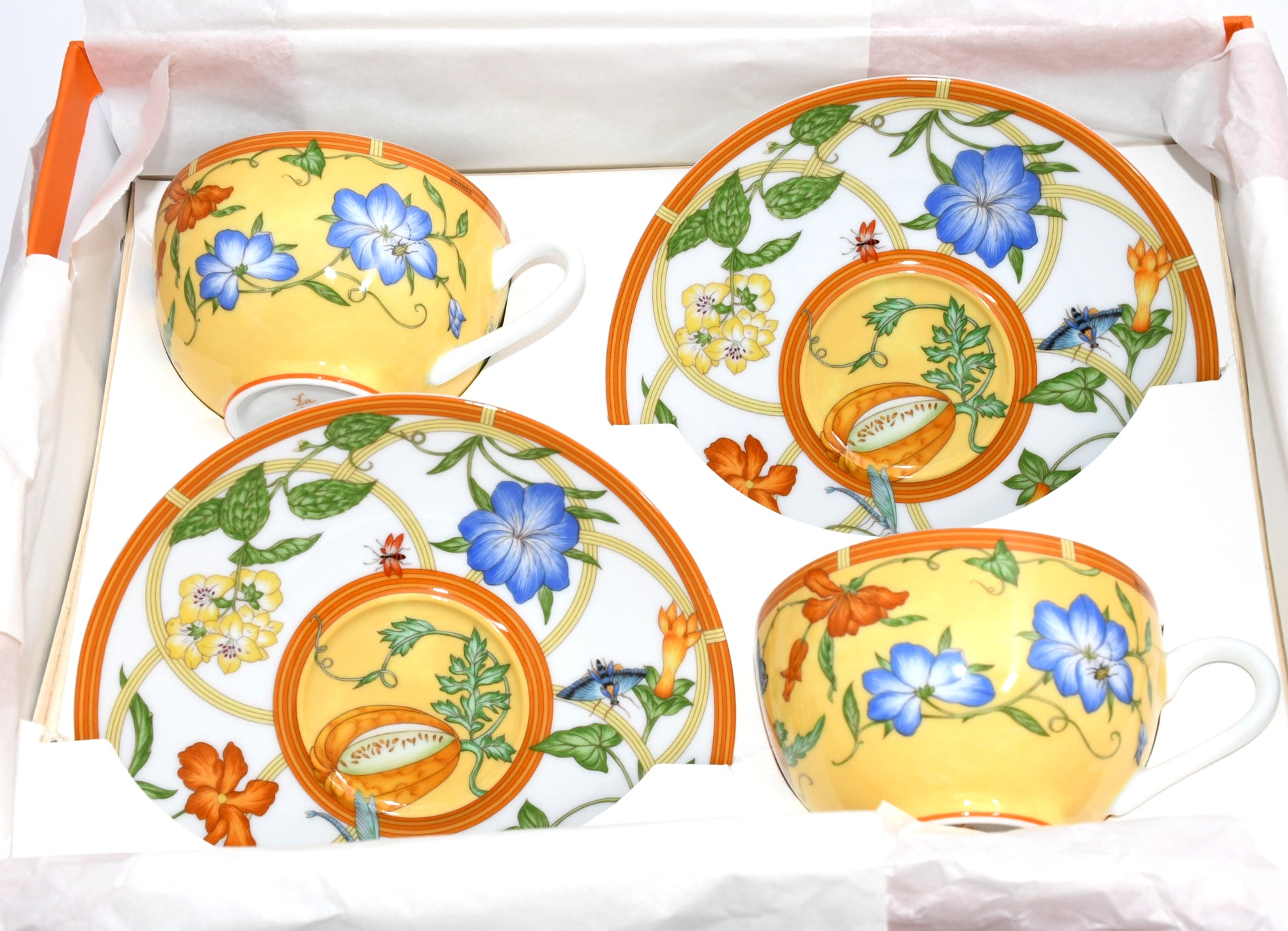 Hermes La Siesta Tea Cup and Saucer Set of 2 yellow porcelain