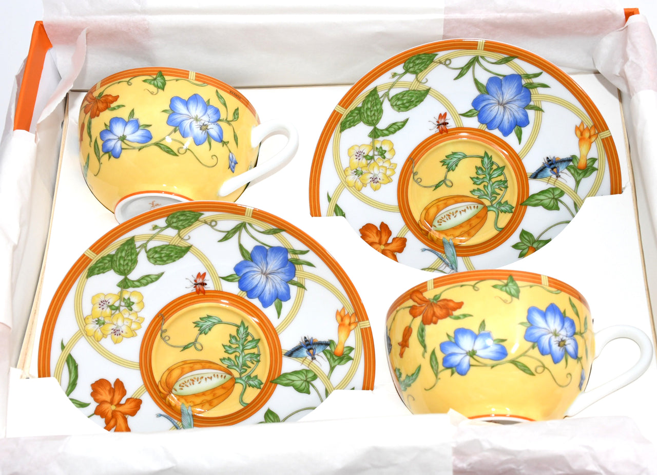 Hermes La Siesta Tea Cup and Saucer Set of 2 yellow porcelain flower coffee