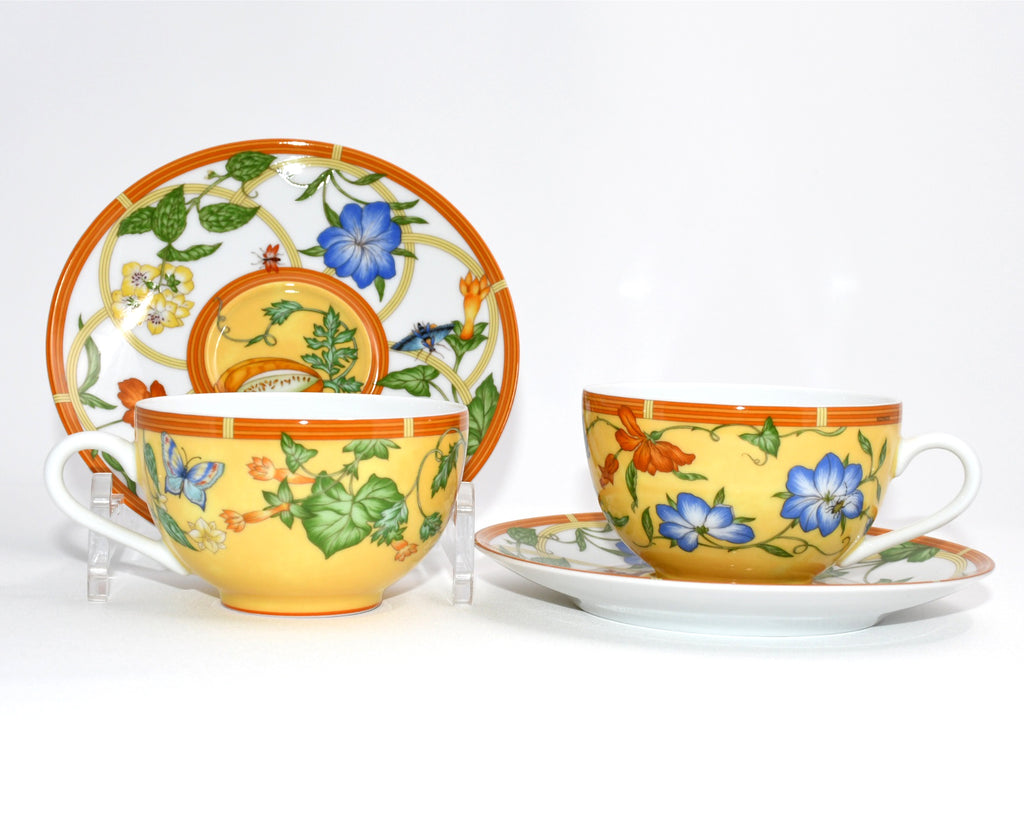 Hermes La Siesta Tea Cup and Saucer Set of 2 yellow porcelain flower coffee