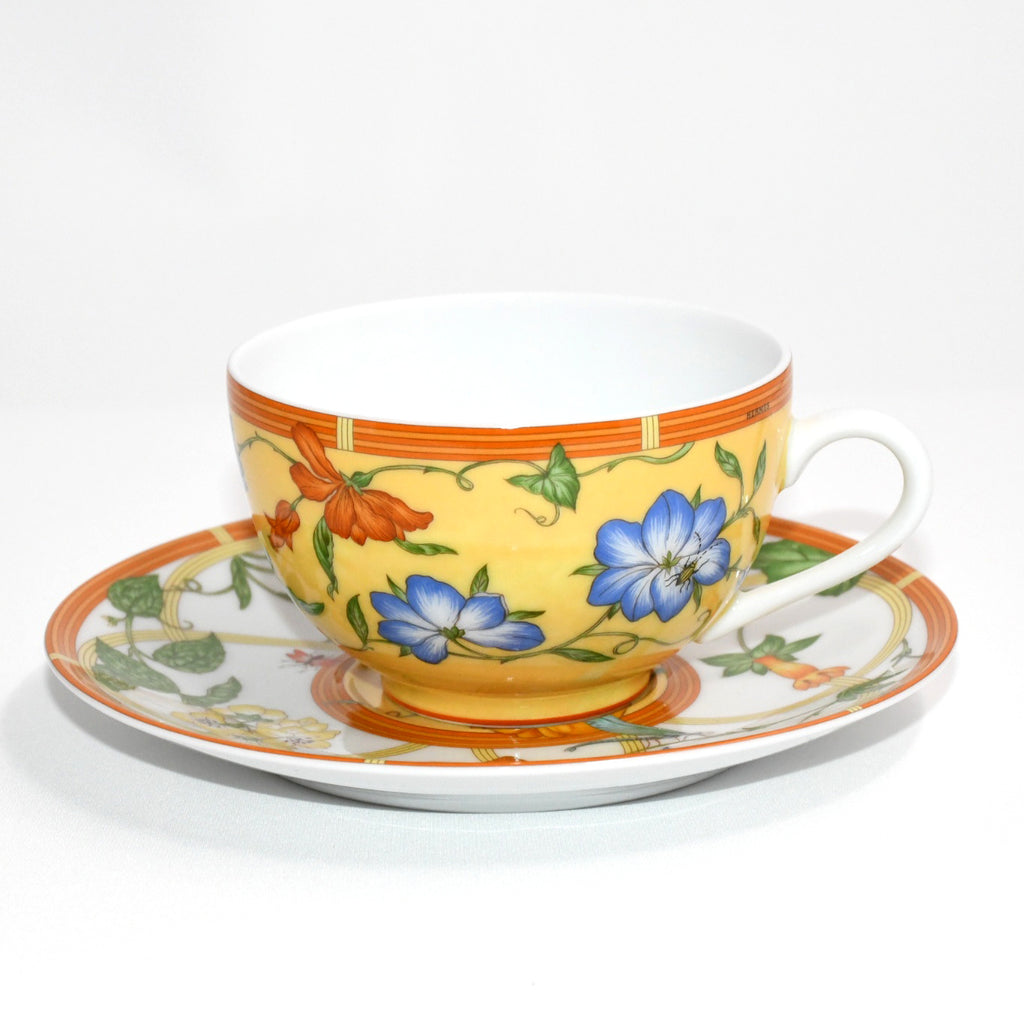 Hermes La Siesta Tea Cup and Saucer Set of 2 yellow porcelain flower coffee