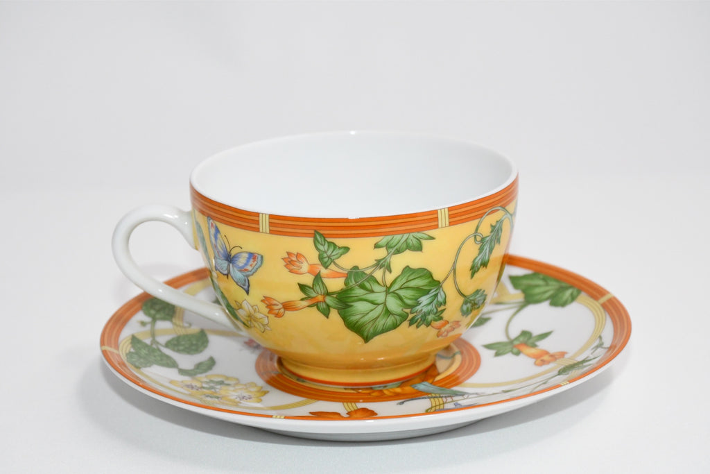 Hermes La Siesta Tea Cup and Saucer Set of 2 yellow porcelain flower coffee