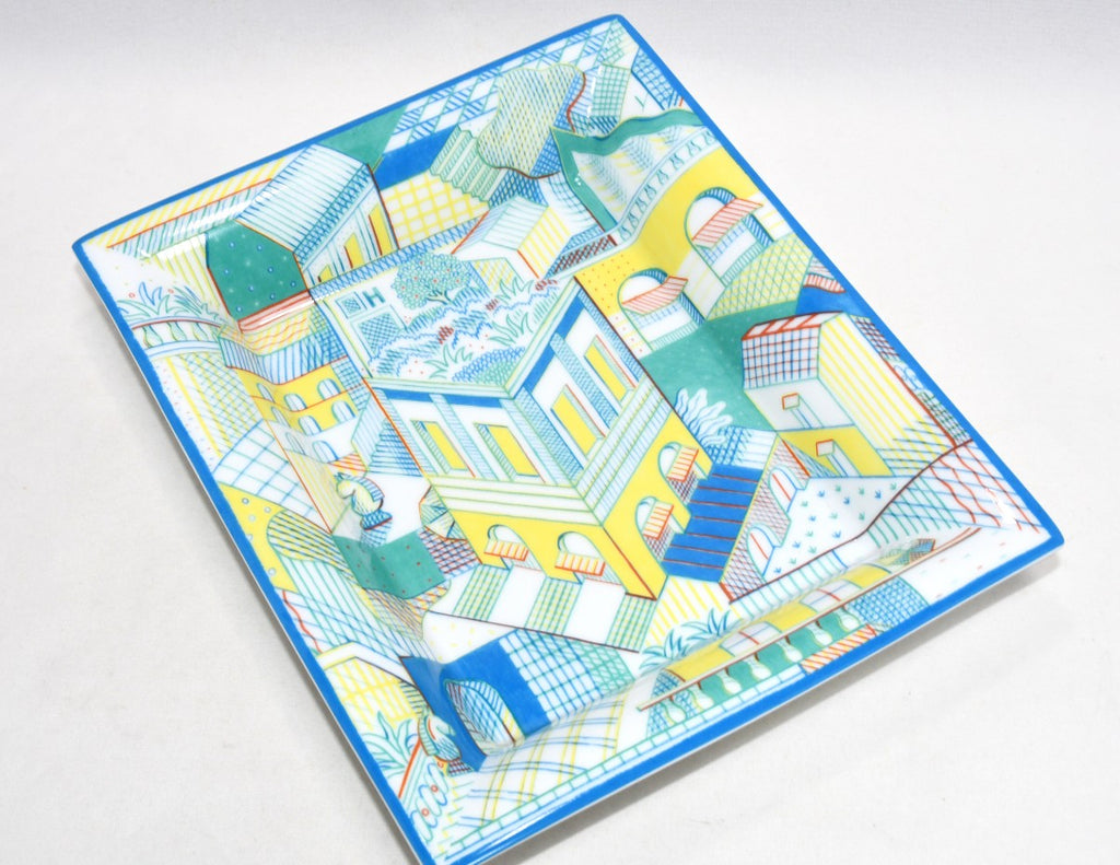Hermes Les Cavaliers Change tray porcelain Ashtray blue green plate chess townscape