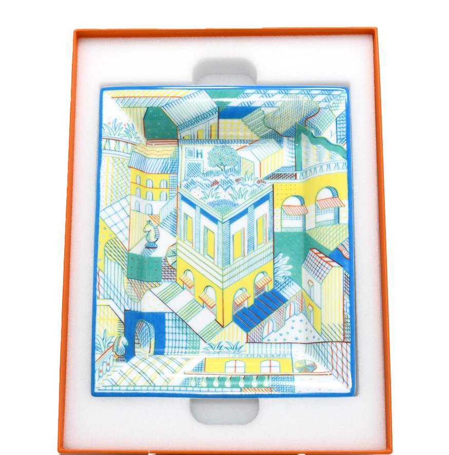 Hermes Les Cavaliers Change tray porcelain Ashtray blue green plate chess townscape