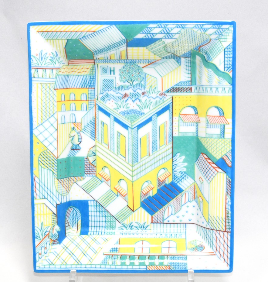 Hermes Les Cavaliers Change tray porcelain Ashtray blue green plate chess townscape