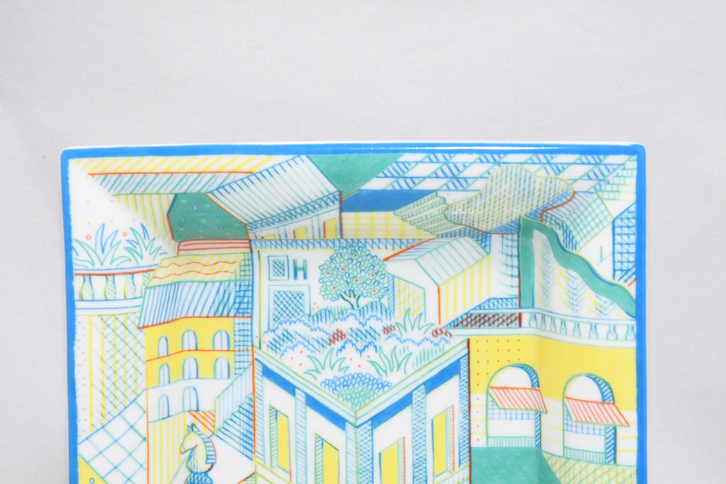 Hermes Les Cavaliers Change tray porcelain Ashtray blue green plate chess townscape
