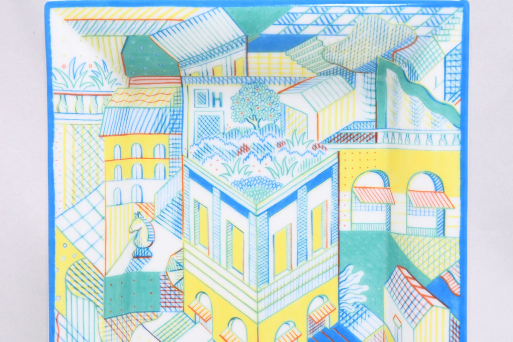 Hermes Les Cavaliers Change tray porcelain Ashtray blue green plate chess townscape