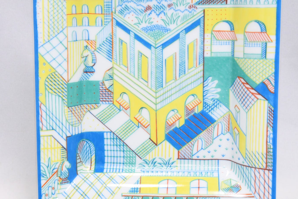 Hermes Les Cavaliers Change tray porcelain Ashtray blue green plate chess townscape