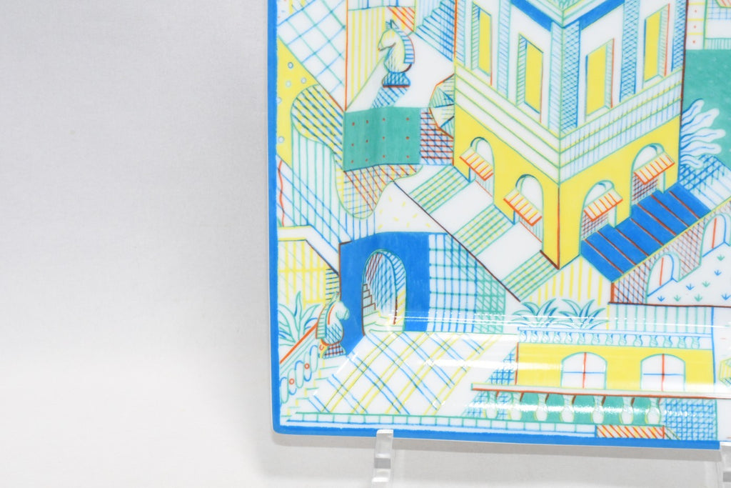 Hermes Les Cavaliers Change tray porcelain Ashtray blue green plate chess townscape