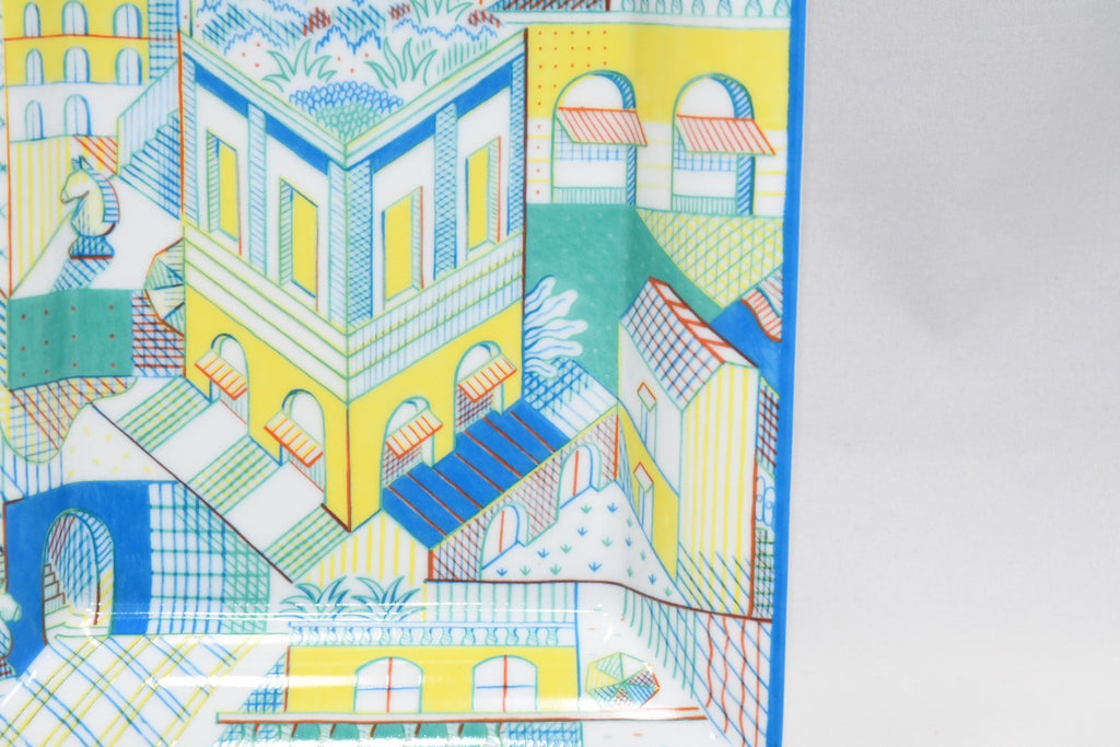 Hermes Les Cavaliers Change tray porcelain Ashtray blue green plate chess townscape