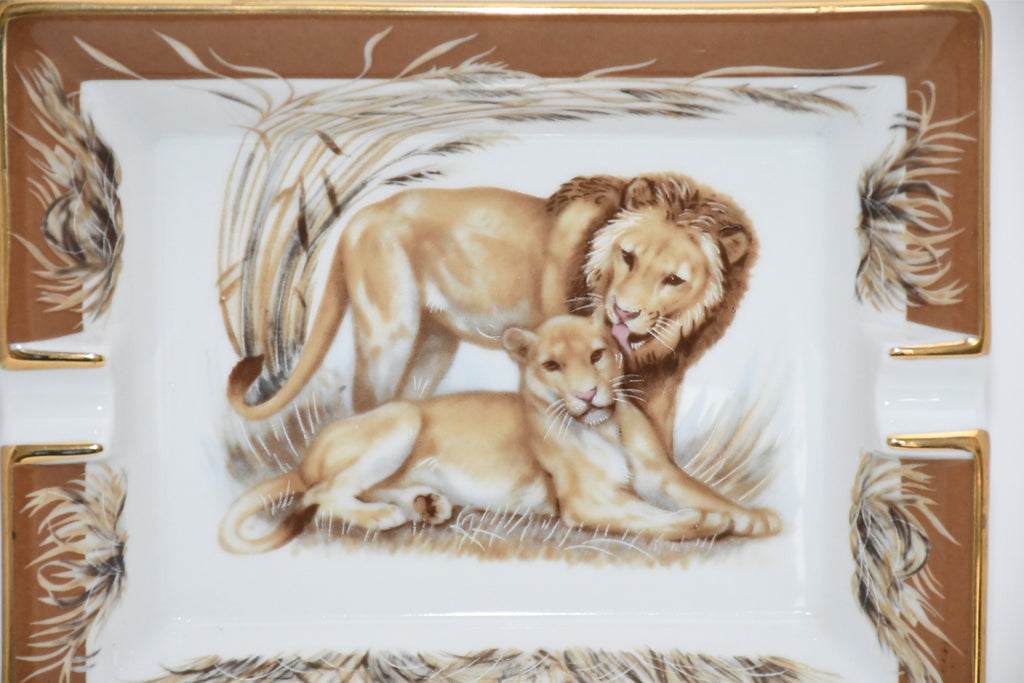 Hermes Lion Change tray brown porcelain Ashtray animal plate VIDE POCHE