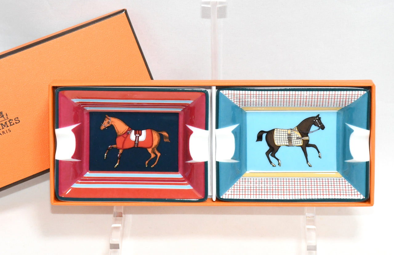 Hermes Mini Ashtray Set of 2 Horse red blue porcelain Change tray 621