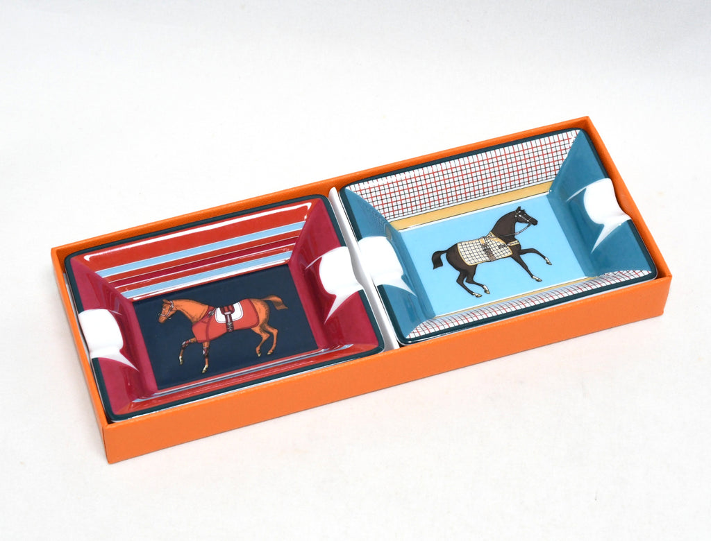 Hermes Mini Ashtray Set of 2 Horse red blue porcelain Change tray 621