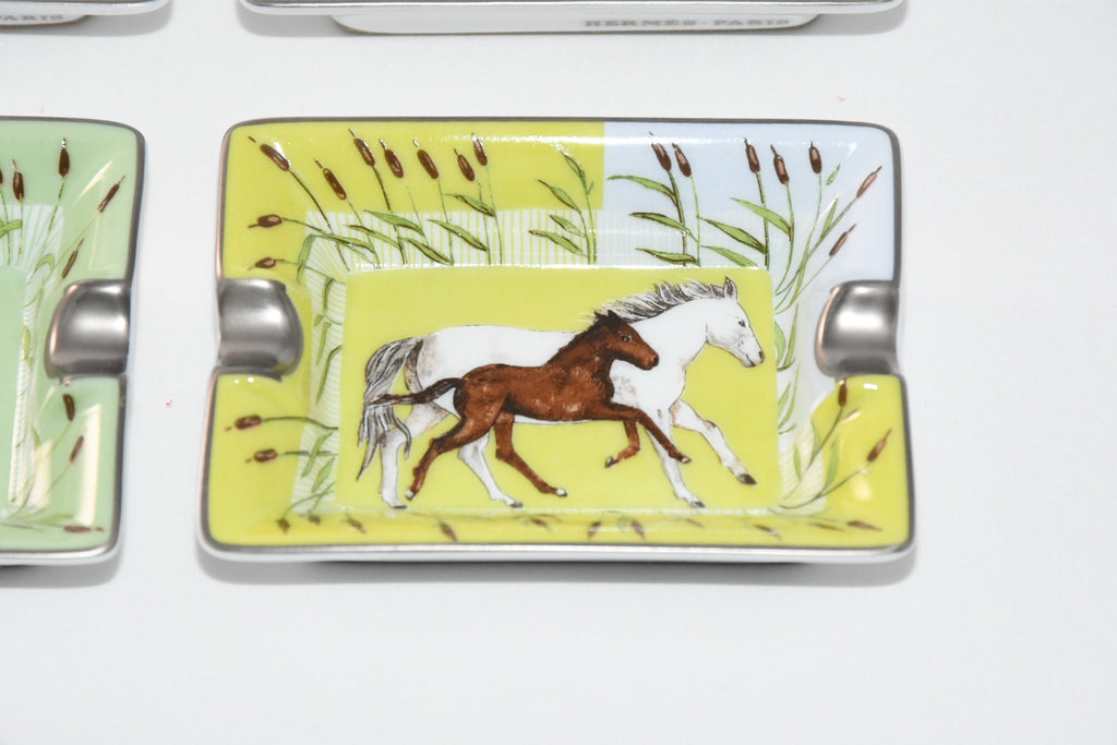 Hermes Mini Ashtray Set of 4 Horse cow bird green blue porcelain Change tray