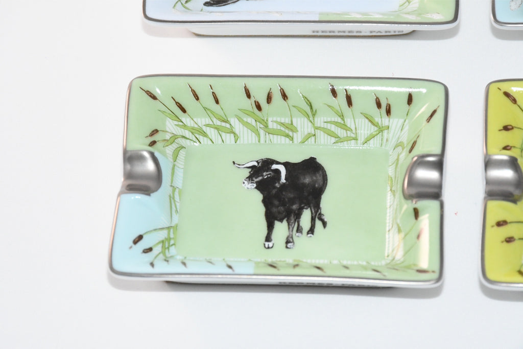 Hermes Mini Ashtray Set of 4 Horse cow bird green blue porcelain Change tray