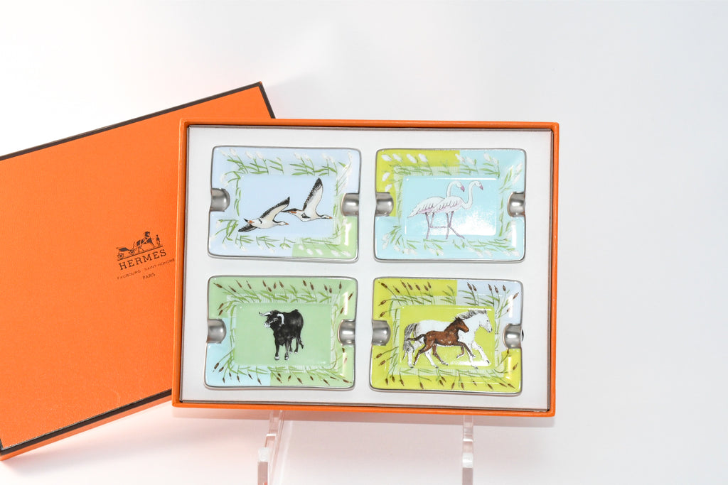 Hermes Mini Ashtray Set of 4 Horse cow bird green blue porcelain Change tray