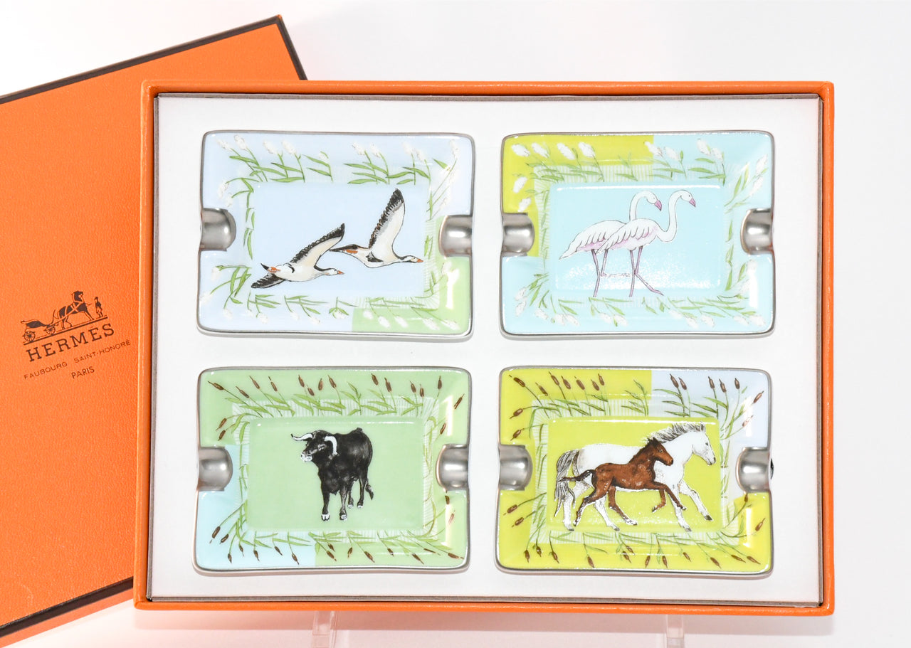 Hermes Mini Ashtray Set of 4 Horse cow bird green blue porcelain Change tray