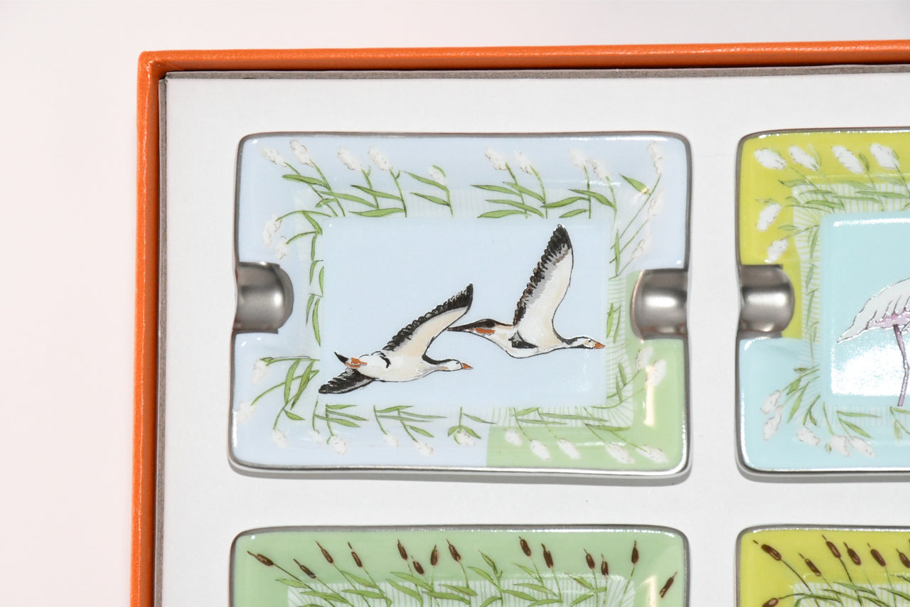 Hermes Mini Ashtray Set of 4 Horse cow bird green blue porcelain Change tray