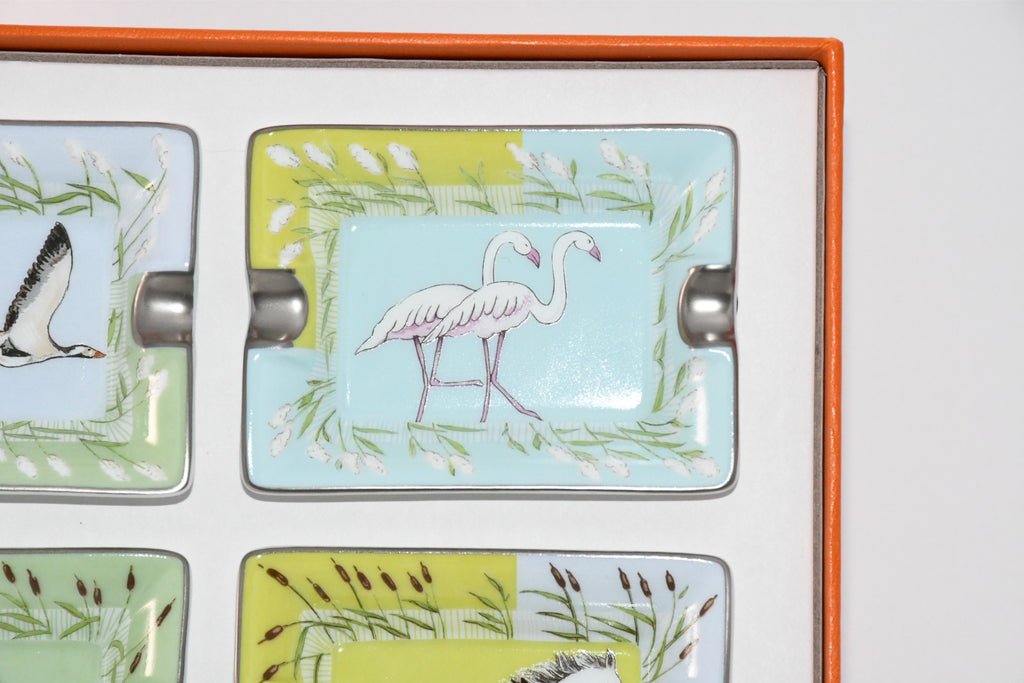 Hermes Mini Ashtray Set of 4 Horse cow bird green blue porcelain Change tray