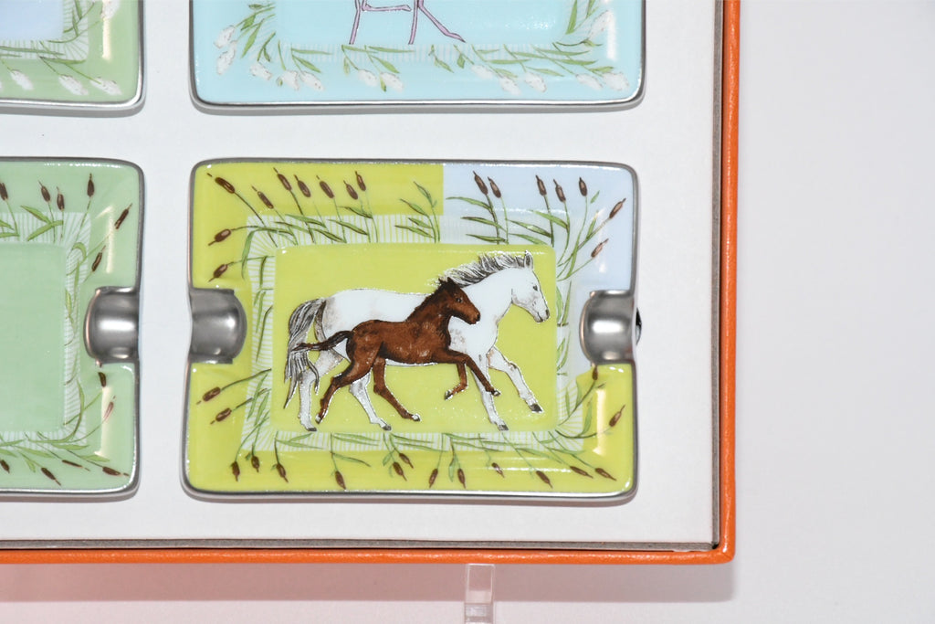 Hermes Mini Ashtray Set of 4 Horse cow bird green blue porcelain Change tray