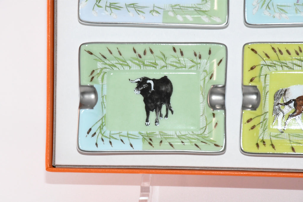 Hermes Mini Ashtray Set of 4 Horse cow bird green blue porcelain Change tray