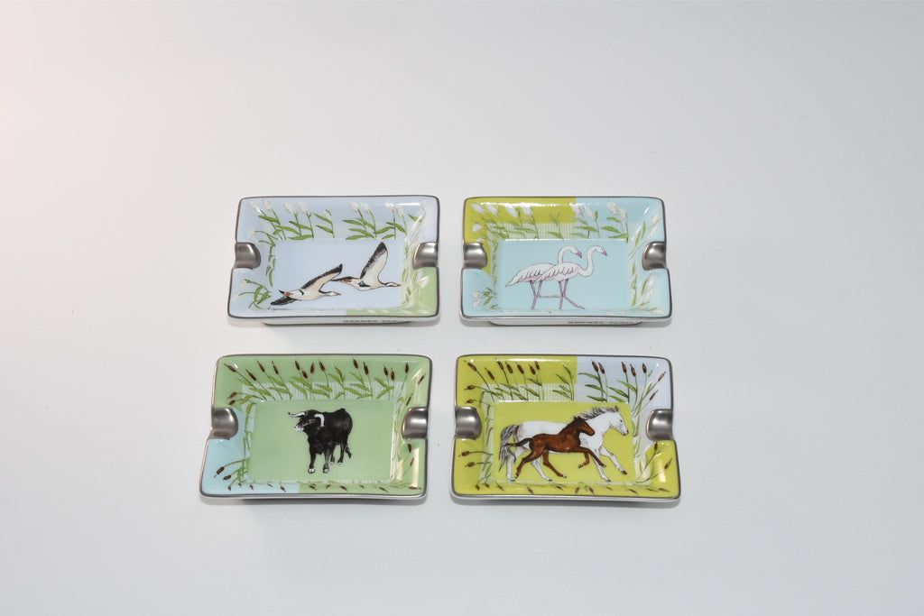 Hermes Mini Ashtray Set of 4 Horse cow bird green blue porcelain Change tray