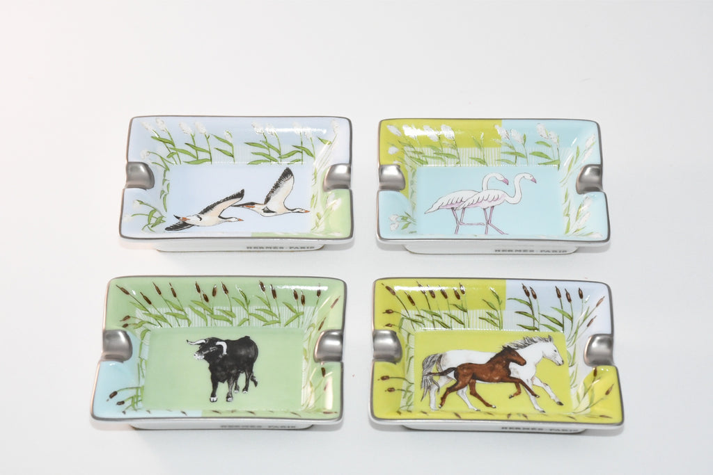 Hermes Mini Ashtray Set of 4 Horse cow bird green blue porcelain Change tray