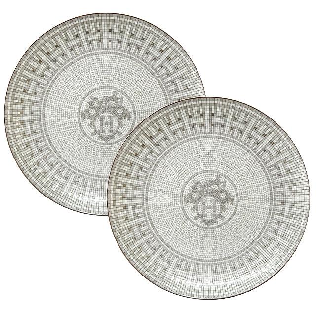 Hermes Mosaique au 24 Dessert Plate 22.5 cm Platinum silver Set of 2 porcelain