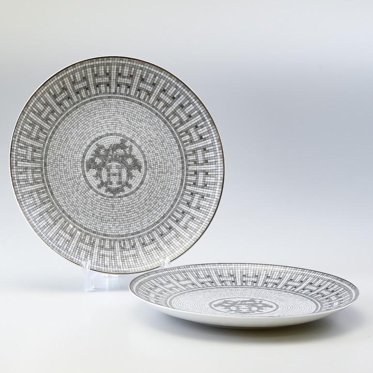 Hermes Mosaique au 24 Dessert Plate 22.5 cm Platinum silver Set of 2 porcelain