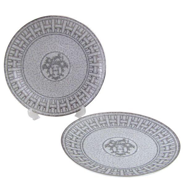Hermes Mosaique au 24 Dessert Plate 22.5 cm Platinum silver Set of 2 porcelain