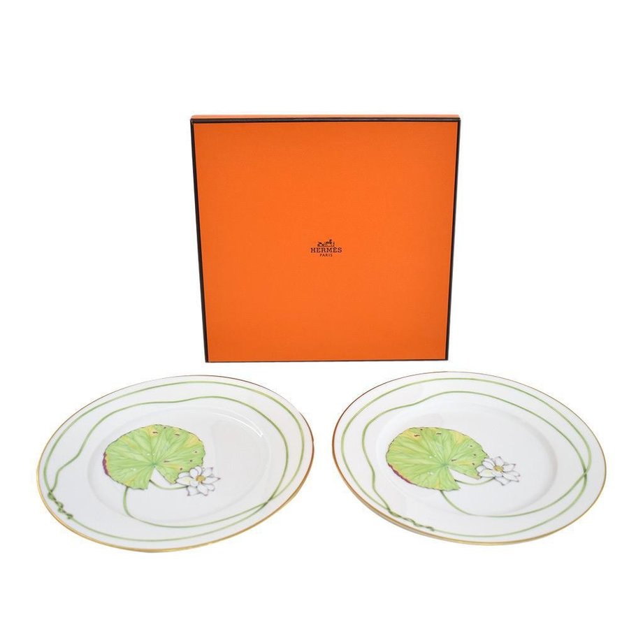 Hermes Nile Dessert Plate 22.5 cm porcelain green 2 set Nil lotus A183