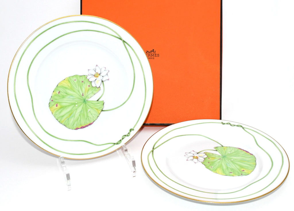 Hermes Nile Dessert Plate 22.5 cm porcelain green 2 set Nil lotus 8.75" M032
