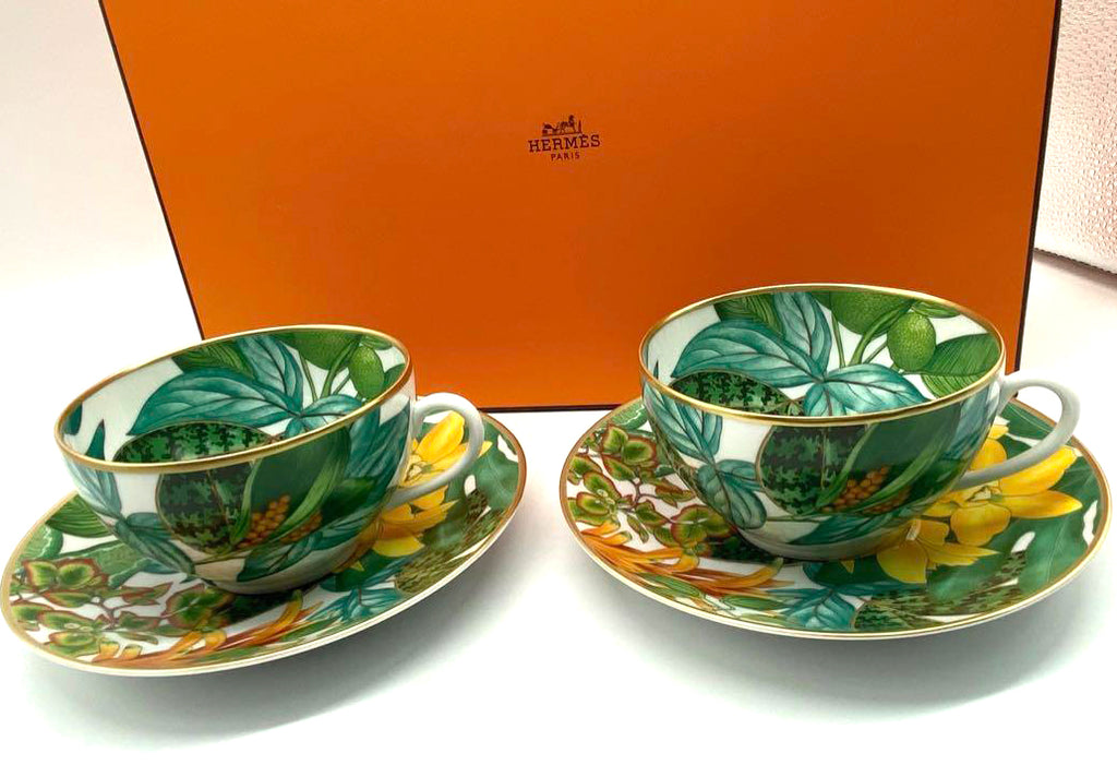Hermes Passifolia Morning Cup and Saucer 2 set green porcelain soup bowl coffee 370 ml