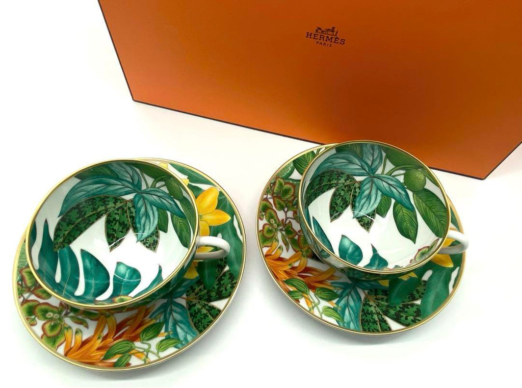 Hermes Passifolia Morning Cup and Saucer 2 set green porcelain soup bowl coffee 370 ml