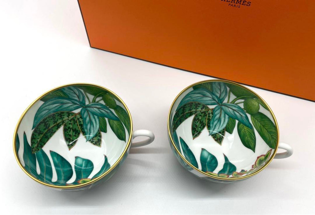 Hermes Passifolia Morning Cup and Saucer 2 set green porcelain soup bowl coffee 370 ml